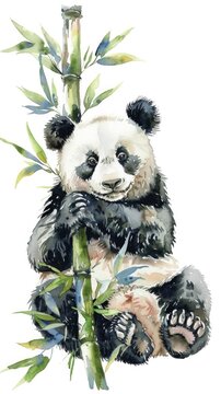 Playful panda in watercolor, lounging with a bamboo shoot, on a pure white background