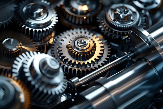 Close-up of metallic gears and auto parts. A stunning macro photograph of automotive gears