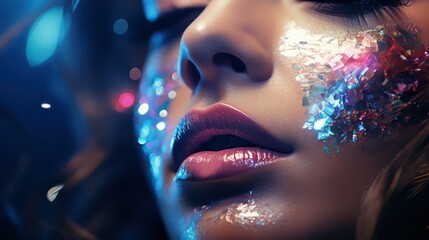 Close-up portrait of a beautiful young woman with creative make-up and rhinestones