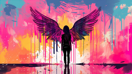 Teenage girl standing against angel wings graffiti on pink wall , Generate AI