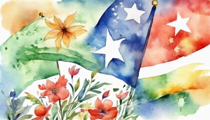 Watercolor illustration. Country flags and beautiful watercolor flowers on a white background