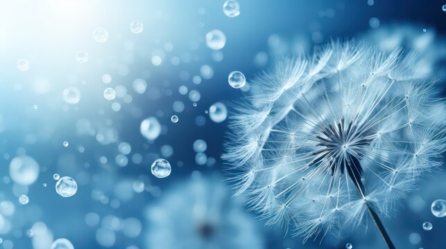 Dandelion seeds with water drops close-up on a blue background