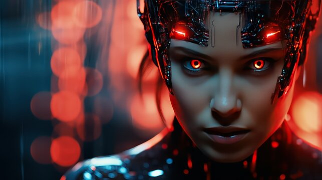 Female cyborg with red light on her face