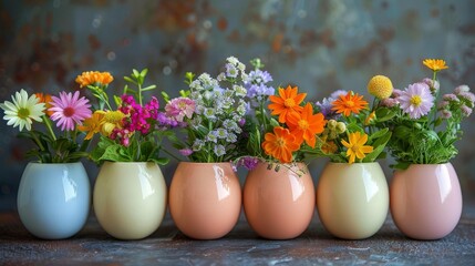 Row of Vases With Different Flowers - obrazy, fototapety, plakaty