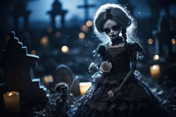 Halloween horror: a female doll with skull makeup in a cemetery setting.