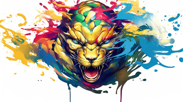 recommend clip art: illlustration viper king face , with crown gold , rainbow splash smoke , Generate AI