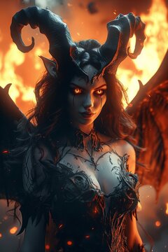 devil woman with long horns and wings in fire