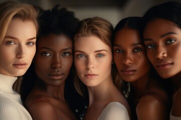 Empowering image: females from diverse backgrounds, confidently standing together on black.