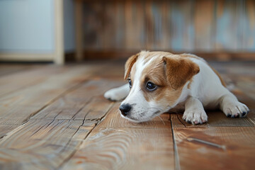 Puppy's Quiet Moment: Serenity on Wooden Floor
