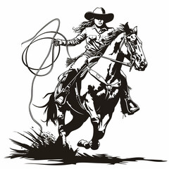 cowgirl riding a horse and roping in illustration on a white background