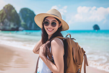 Beautiful young woman traveler or backpacker wears travel bag and hat for summer time vacation