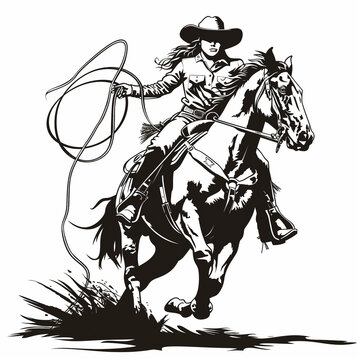 recommend clip art: cowgirl riding a horse and roping in illustration on a white background