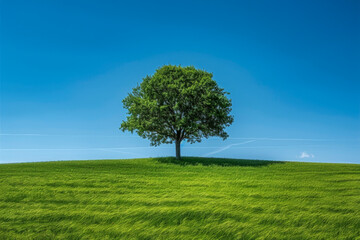 Fototapeta na wymiar A single tree stands in the center of a lush green field, under a clear blue sky