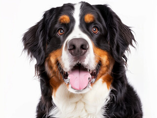 A Bernese Mountain Dog, colorful and friendly, white studio backdrop