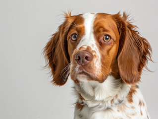 A Brittany Spaniel, agile and attentive, white studio backdrop