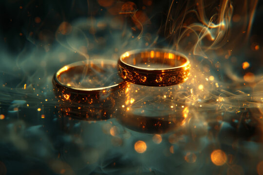 Enchanting image of two sparkling wedding rings surrounded by mystical blue smoke and golden bokeh