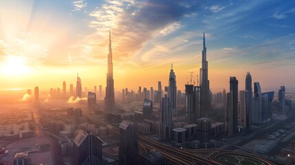 Vibrant cityscape featuring towering skyscrapers and sophisticated office buildings AI Image