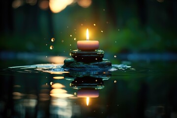 Zen composition with stones and candles on pond water.