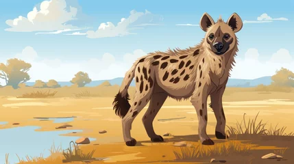 Foto auf Acrylglas Antireflex A captivating drawing of a hyena, its fur adorned with distinctive spots, walking confidently in the African savannah beneath a blue sky. © ProPhotos