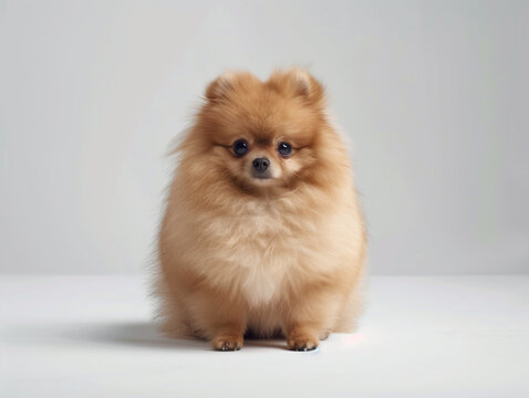A Pomeranian, fluffy and curious, white studio backdrop 