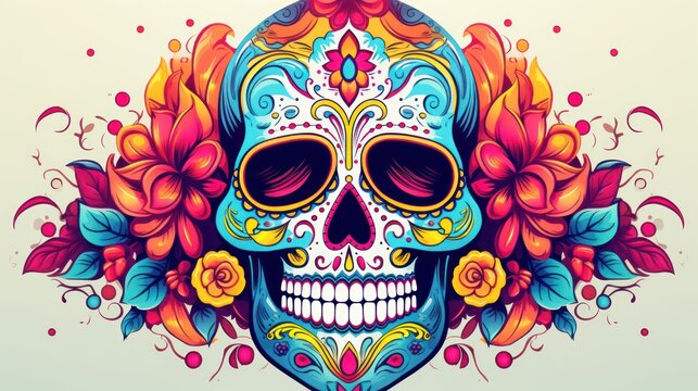 Intricately designed sugar skull drawing with floral elements, creating a harmonious blend of art and cultural celebration.