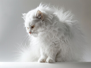 An Angora cat flaunting its fluffy white fur, studio white backdrop 