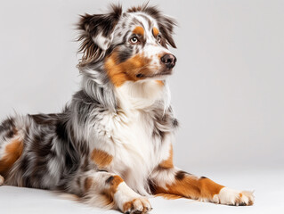 An Australian Shepherd showing its colorful coat, white studio backdrop