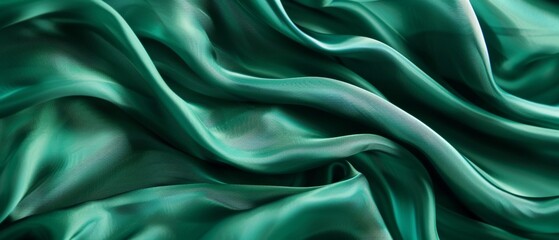 Smooth emerald green satin fabric draped in languorous waves, emphasizing the sleek and sumptuous look of the high-quality textile.