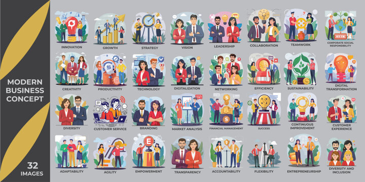 36 images for Modern Business Concept set in editable color image style. Containing business growth, security, teamwork, efficiency, sustainability, flexibility, success, continuous improvement, produ
