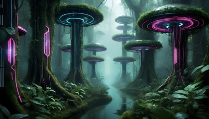 Within A Cyber Tron Rainforest A Secret Enclave O  3 - obrazy, fototapety, plakaty