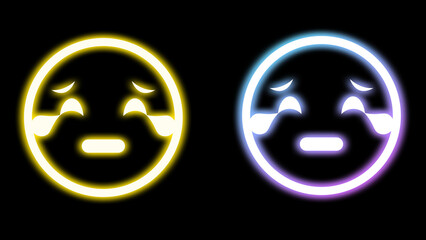 sad and unhappy emoji in bright neon light on black background.