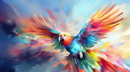 illustration of a parrot with a long tail and colorful feathers, flying  Generate AI - obrazy, fototapety, plakaty