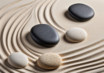 Fototapeta na wymiar Zen garden stones on white sand with pattern, top view. Space for text. Generative AI 