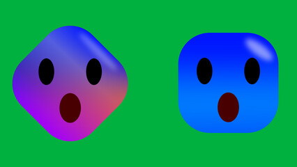 wow and shocked face expression emoji in square shape isolated on green background.