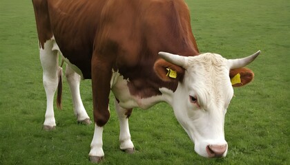 Fototapeta na wymiar A Cow With Its Head Bowed Grazing On Grass