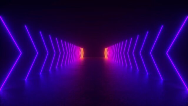 A tunnel illuminated by neon lights, creating a futuristic and sci-fi atmosphere with glowing lines and reflections on the concrete floor.