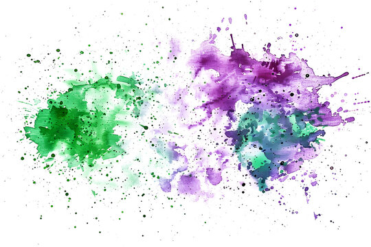 Purple and green watercolor paint splatter on transparent background.