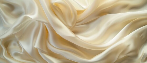 Up-close view of luxuriant cream satin drapes with sensuous folds and curves accentuating the rich sheen of the fabric. - obrazy, fototapety, plakaty