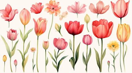 Vibrant Watercolor Tulip Floral Arrangement with Delicate Pink Red and Orange Blooms