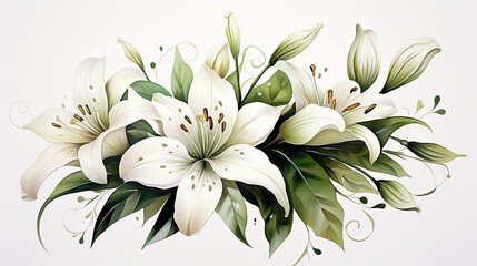 Elegant Watercolor Lily Clipart with White Petals and Green Stems - obrazy, fototapety, plakaty