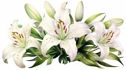 Elegant Watercolor Lily Bouquet with Graceful White Petals and Vibrant Green Foliage