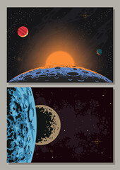 Planet Orbits Space Illustration Set. Planets, Moons, Asteroid, Stars, Sun. Deep Space Vector Art Template for Posters, Banners 