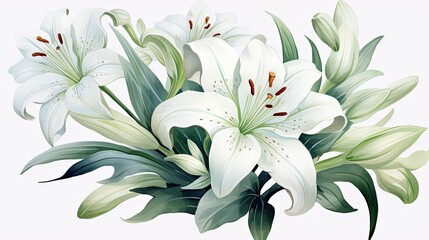 Elegant watercolor lily bouquet with vibrant white petals and lush green foliage in a peaceful natural setting