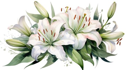 Fototapeta na wymiar Elegant Watercolor White Lily Floral Bouquet with Lush Green Foliage and Soft Petals