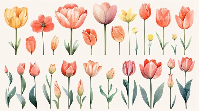 Vibrant Watercolor Tulips in Shades of Pink Red and Orange Blossoming in a Botanical Garden