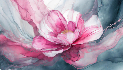Watercolor fluid illustration of beautiful flower. Pink, white and black liquid. Alcohol ink. Abstract painting.