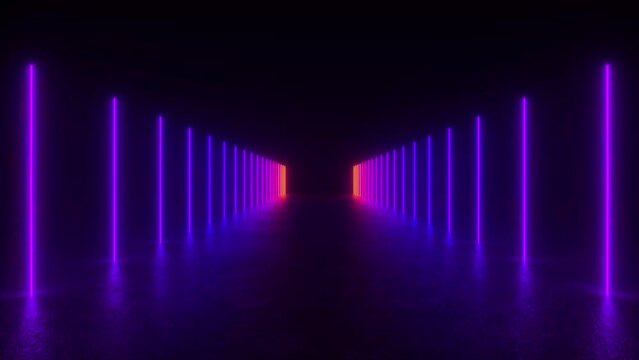 Experience a futuristic tunnel of purple neon lights glowing in a dark room, creating a mesmerizing atmosphere.