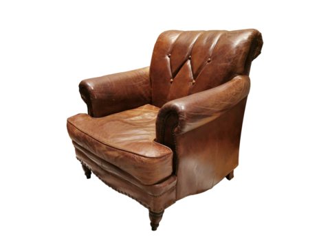 Closeup Shot of An Antique Leather Armchair.  Isolated or Die Cut on Transparent Background.