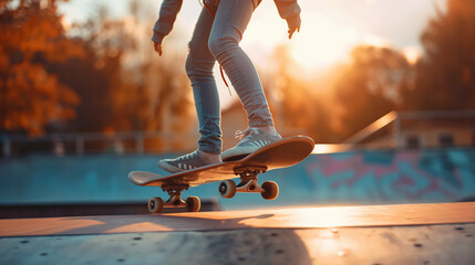 15-year-old girl skateboarding in a colorful graffiti-covered skatepark as the sun sets