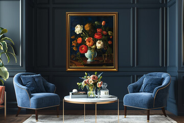 A classic, mahogany frame with a high-gloss finish, presenting a sophisticated still life painting, against a deep navy wall in an elegant gallery lounge.